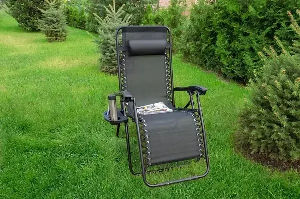Садове Крісло Шезлонг до 120 кг Складаний Шезлонг для Дачі Zero Gravity XXL чорний (з підстакаником), фото 1