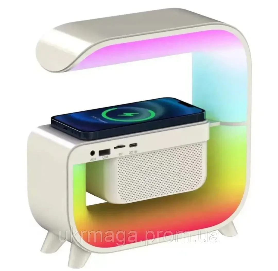 Нічний акумуляторний RGB G 3 з бездротовою зарядкою 15W і Bluetooth колонкою 3W Настільна смарт лампа, фото 1