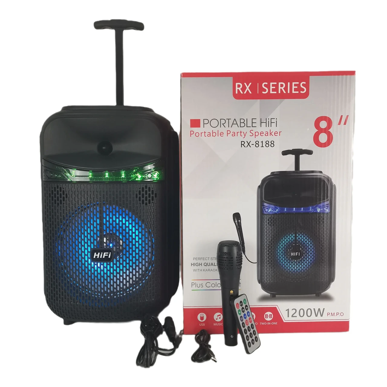 Музична колонка-радіо колонка з підсвідченням BLUETOOTH RX-8188 1200 ВТ із мікрофоном, фото 1