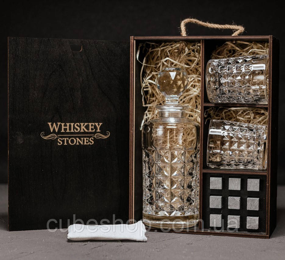 Набір для віскі Diamond №7 (2 склянки, графін, 9 каменів для віскі, щипці), фото 1