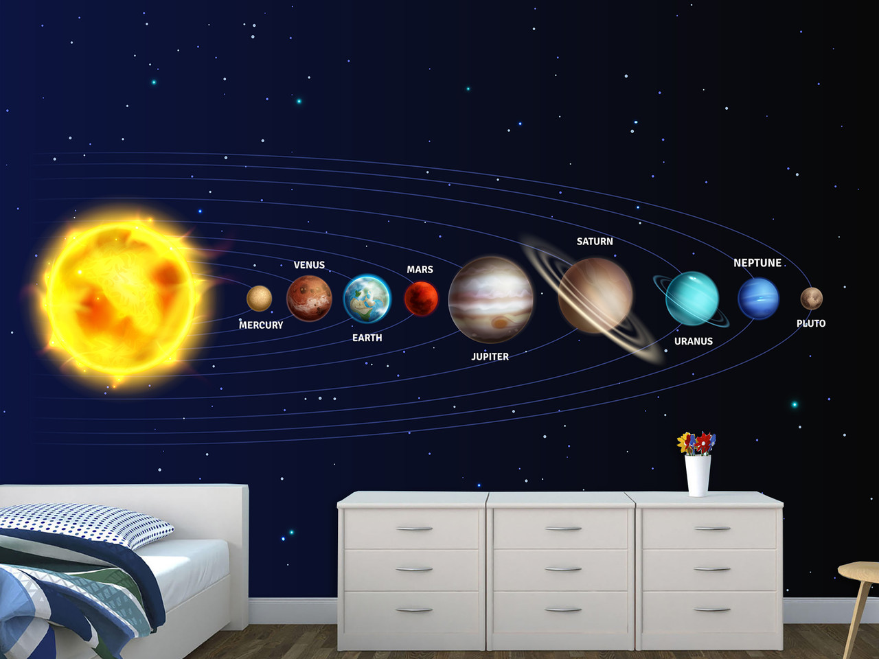 Фотошпалери на всю стіну флізелінові в дитячу «Повна схема Сонячної системи», фото 1