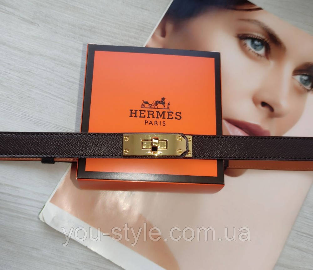 Трендовий шкіряний вузький ремінь Hermes Kelly brown/gold
