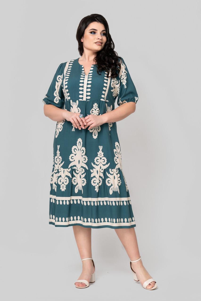 Штапельна літня сукня зі збіркою рукава на гумці