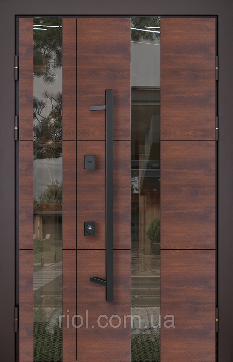 Полуторні вхідні двері з терморозривом Queen Дуб з горизонтальною текстурою Замки Mottura, фото 1