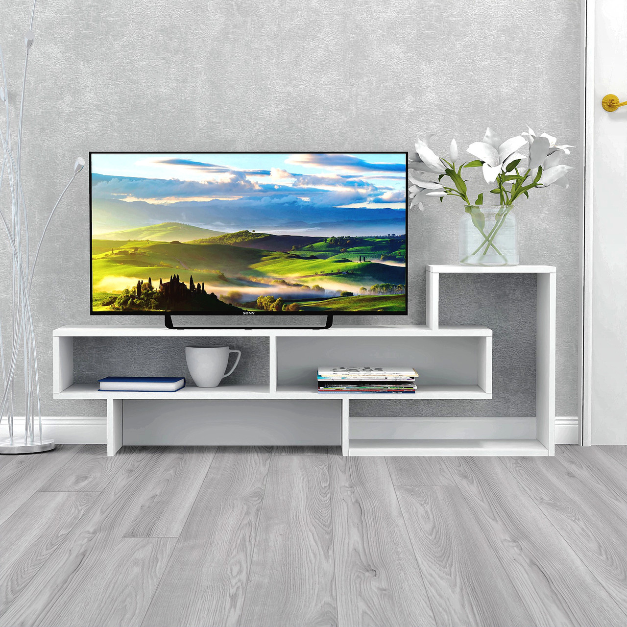 Стильна відкрита вузька біла тумба під телевізор тв 140 см з полицями в спальню вітальню зал ДСП FLASHNIKA №75