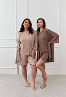 Пижама-тройка женская рубчик | Шорты, халат, футболка | Костюм для дома и сна | Большие размеры 42-60 (2120)