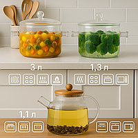 Набір скляних каструль для всіх видів плит 3л+1,3літра ПРЕМІУМ