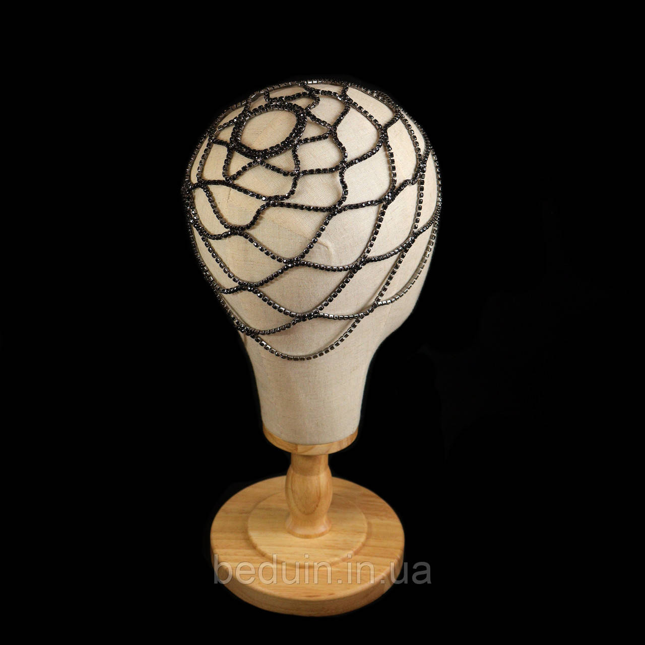 Шикарна прикраса, шапочка-тіара на всю голову з чорних стразів — для фотосесії Aushal Jewellery