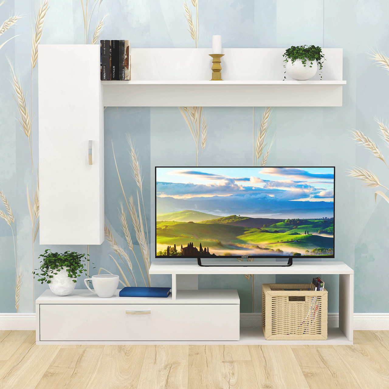 Сучасна біла маленька міні стінка під телевізор тв 140 см вузька модерн у вітальню зал ЛДСП FLASHNIKA №79