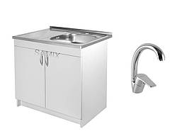 Тумба з мийкою 80х50 (0,6 мм) права Біла для кухні в комплекті змішувач і сифон