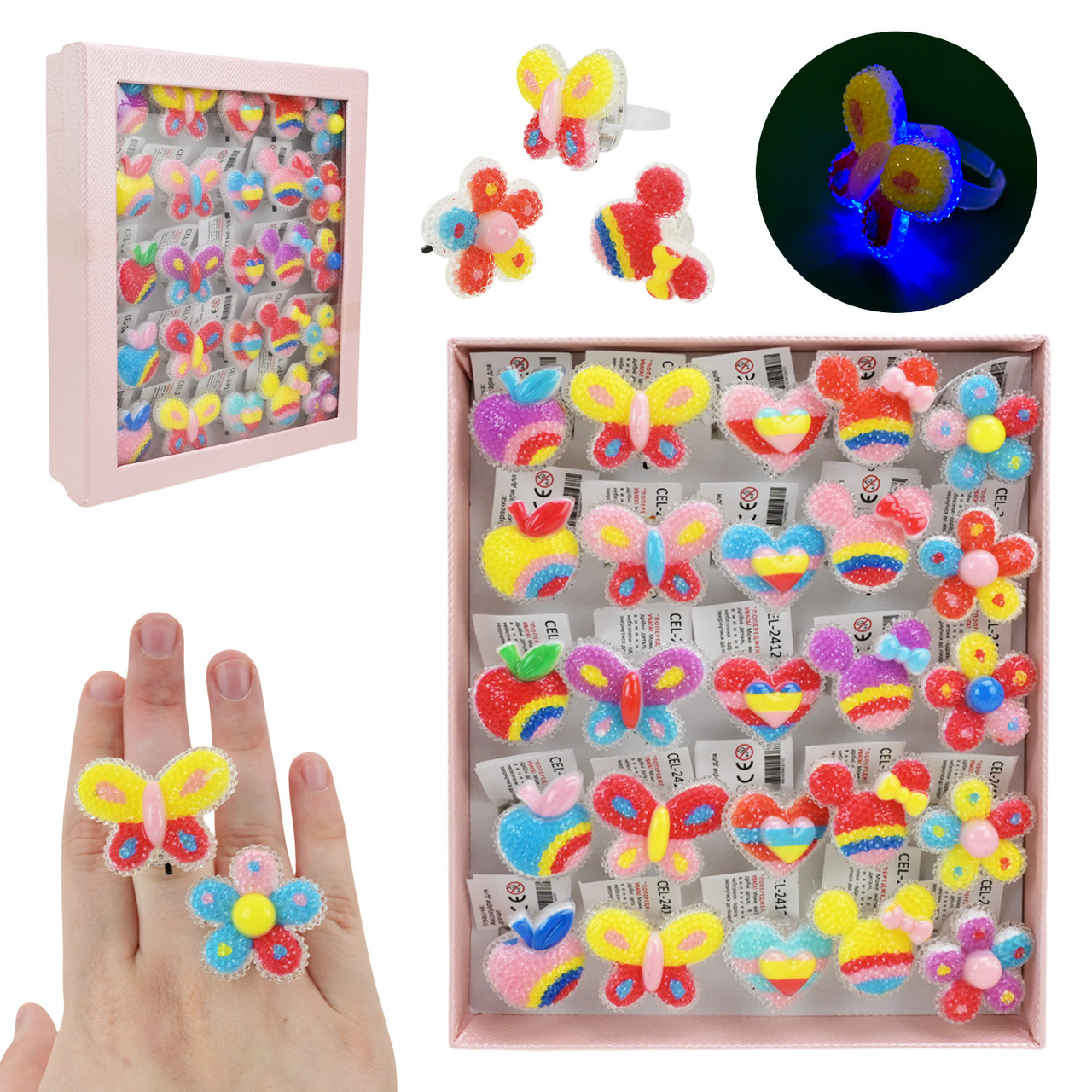 Аксесуари для дівчаток CEL-2412, кільця зі світлом, батарейки, мікс видів, фото 1