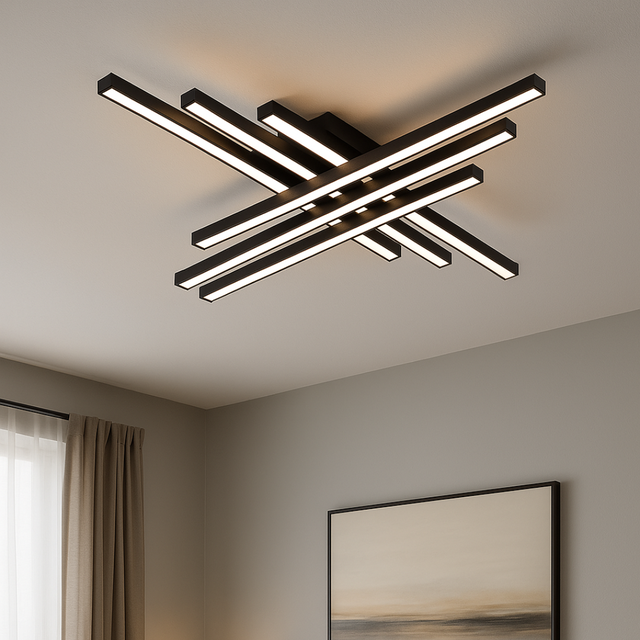 Современный светодиодный потолочный светильник с перекрещивающимися линиями в черном корпусе — стильное и функциональное освещение для гостиной, спальни или офиса. Эффектный светильник в минималистичном стиле с мощным светом и энергоэффективностью.