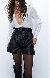 Жіночі шкіряні шорти з високою посадкою модні широкі вільні кишені, чорні, розмір 42/44, 46/48