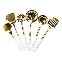 Набір кухонного приладдя 7 предметів на підставці столові прилади з нержавіючої сталі Золото з білим Lugi
