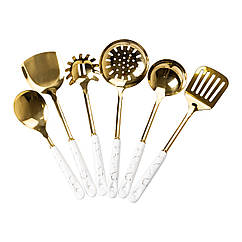 Набір кухонного приладдя 7 предметів на підставці столові прилади з нержавіючої сталі Золото з білим Lugi