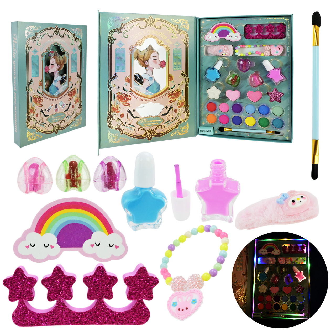 Косметика для дівчинки UKR2402 батарейки палетка лак помада тіні світло аксесуари, фото 1