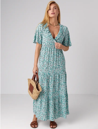 Літня жіноча сукня максі в квітковий принт зелена довга сукня віскоза з коротким рукавом розмір Xs, фото 1