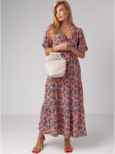 Літня жіноча сукня максі в квітковий принт рожева довга сукня віскоза з коротким рукавом розмір Xs, фото 1