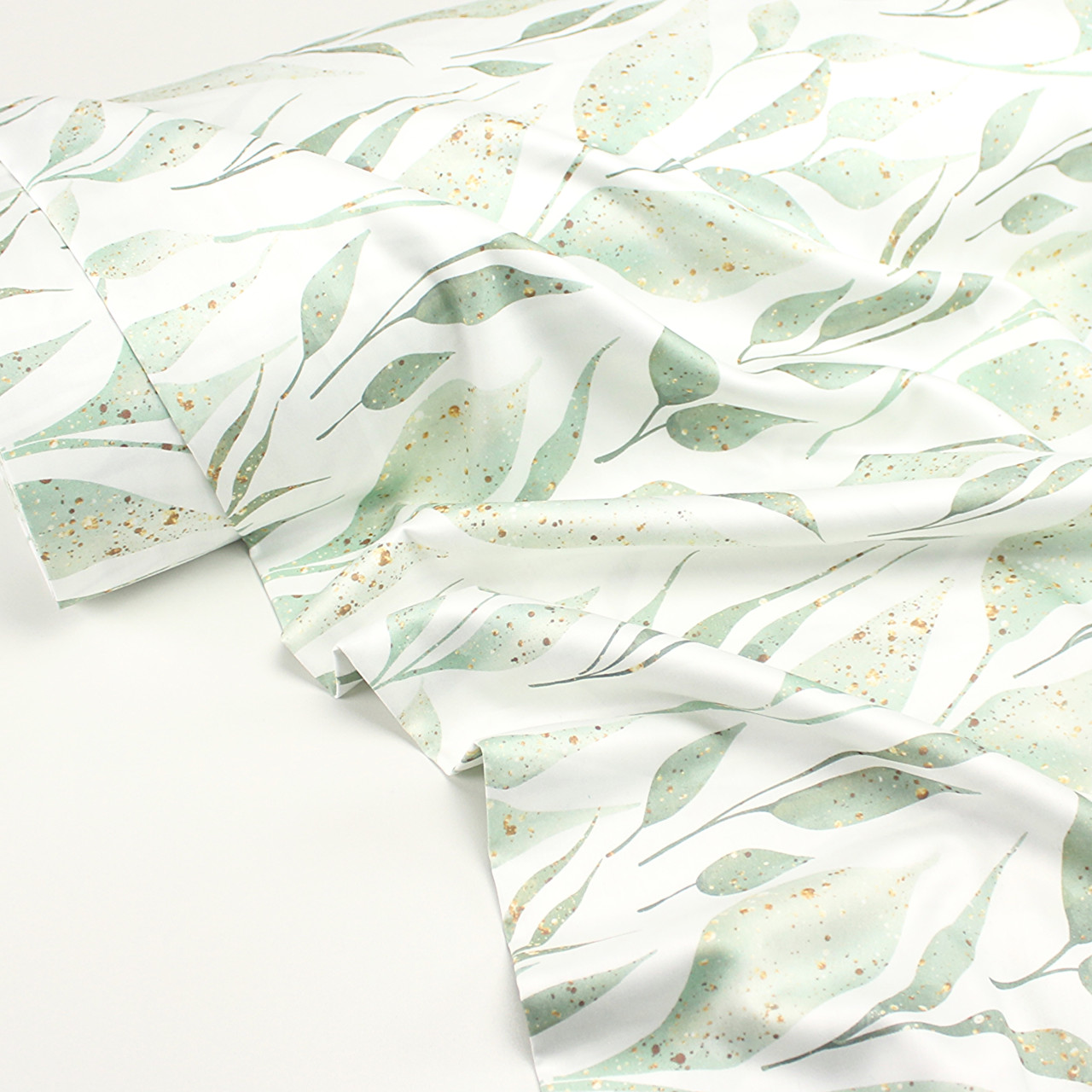 Сатин digital, ширина 240 см "Виткі листочки з позолотою" на білому тлі №SB-3461, фото 1