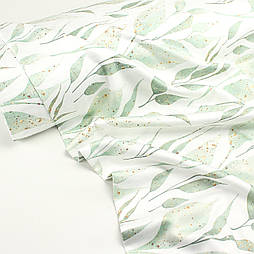 Сатин digital, ширина 240 см "Виткі листочки з позолотою" на білому тлі №SB-3461