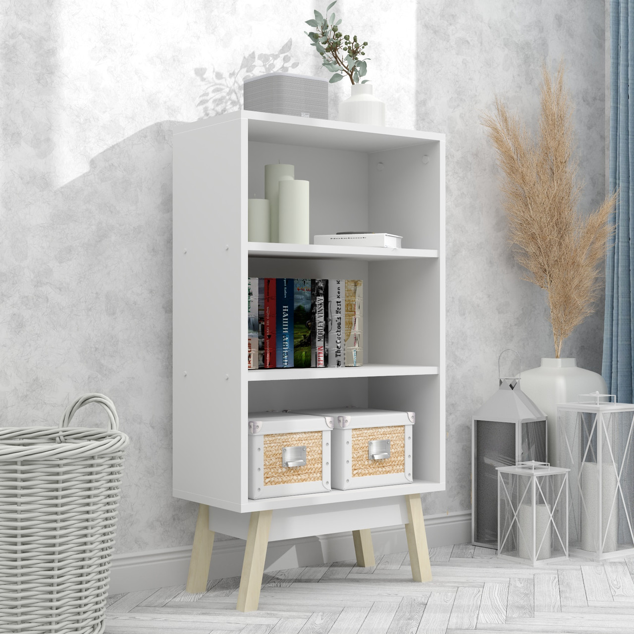 Маленький відкритий стелаж для книг білий вузький у скандинавському стилі у вітальню зал кімнату 54 см FLASHNIKA W1