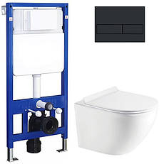 Комплект унітазу з кришкою Koller Pool Round Rimless + інсталяція Koller Pool з клавішою 3в1 чорна матова (RN-0520-RW/