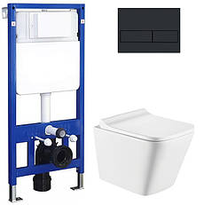 Комплект унітазу з кришкою Koller Pool Trend Rimless + інсталяція Koller Pool з клавішею 3в1 чорна матова