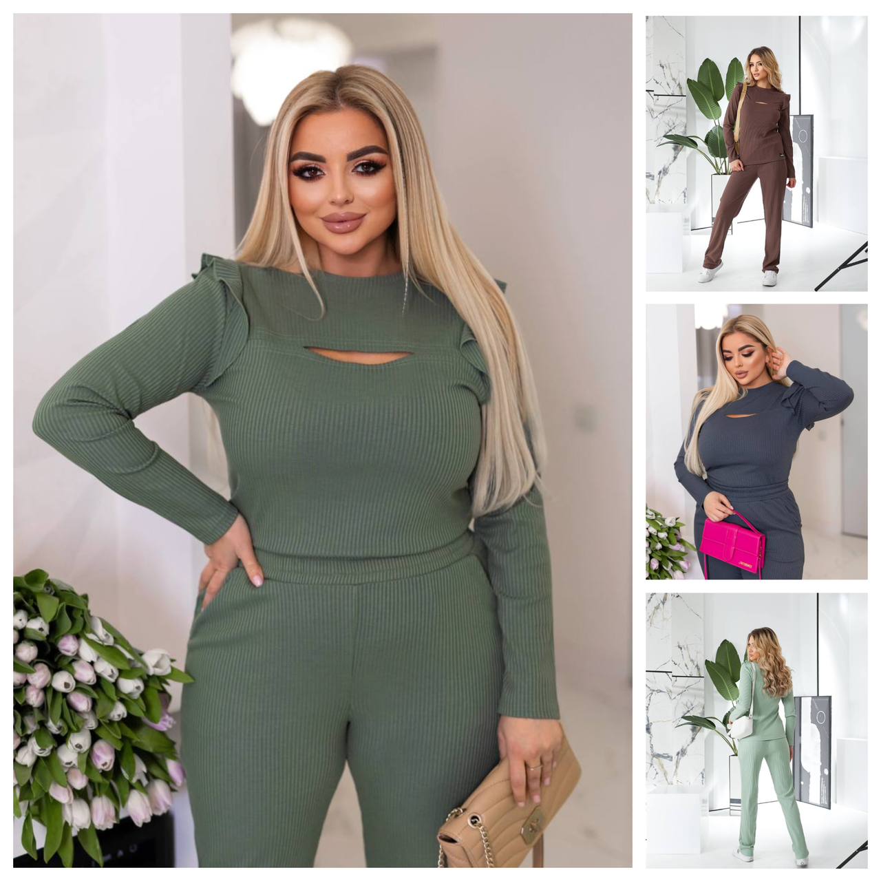 Р-ри 46-56 Жіночий трикотажний костюм лонгслів із крильцями та штани, фото 1