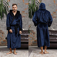 Теплый домашний мужской халат длинный с копюшоном от производителя синий, Халаты банные мужские