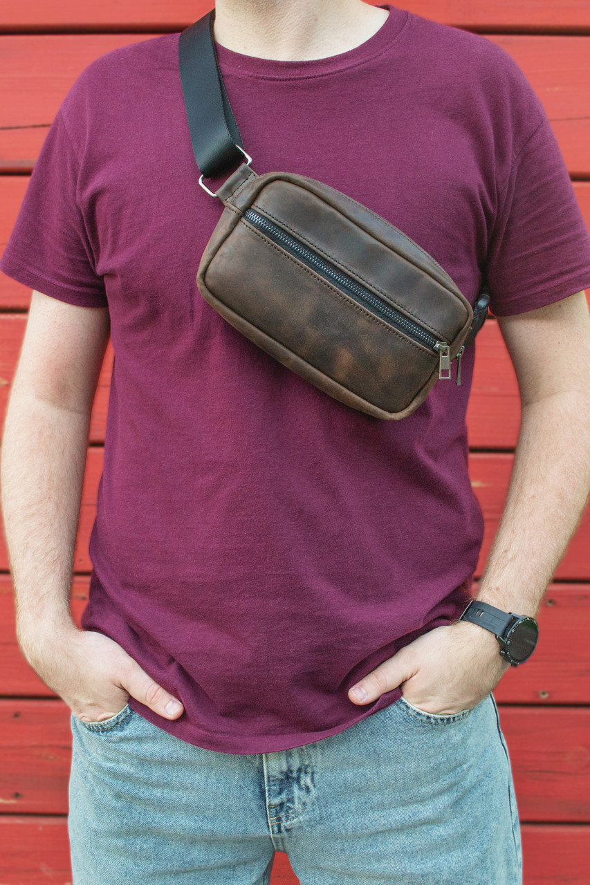 Сумка на пояс бананка FAMK з натуральної шкіри crazy horse для чоловіків та жінок, Темно-коричневий, фото 1