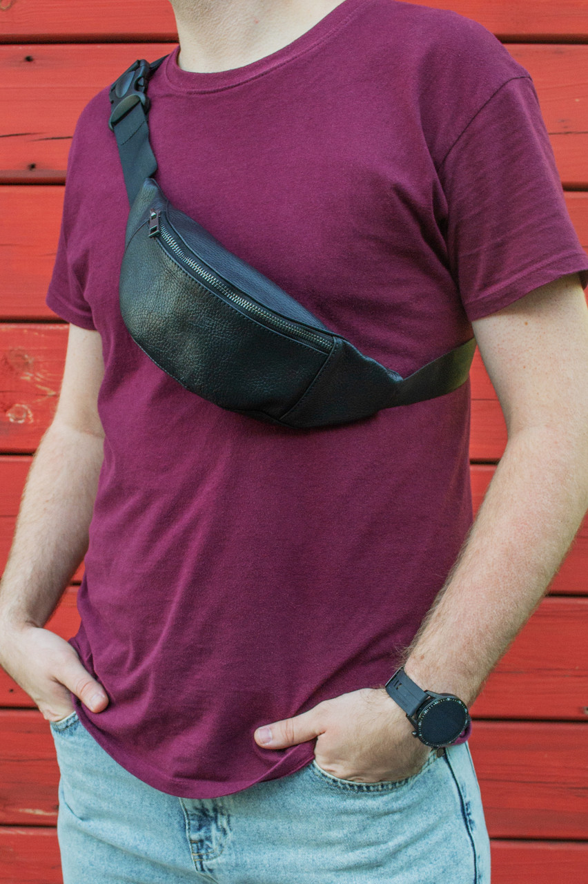 Сумка на пояс (бананка) чорна з натуральної шкіри з одним відділенням для чоловіків та жінок , Чорний, фото 1