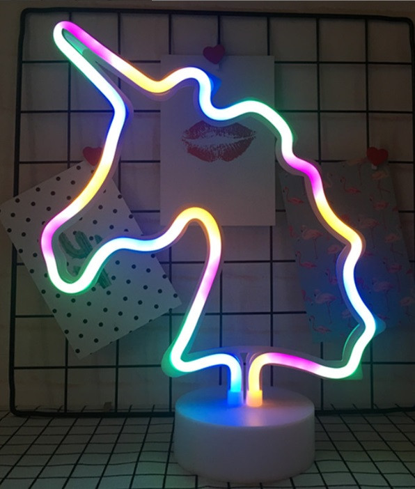 Неоновий дитячий нічник настільна лампа Веселковий Єдиноріг 29х22 см, фото 1