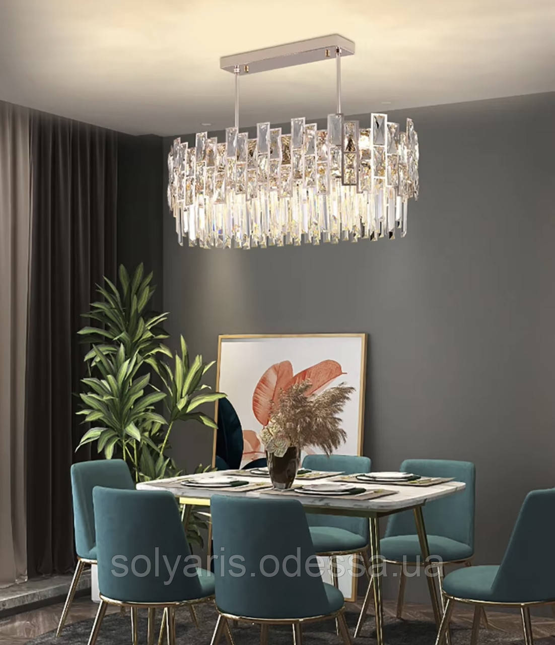 Приваблива підвісна кришталева люстра овальної форми, 12 ламп, хром, фото 1