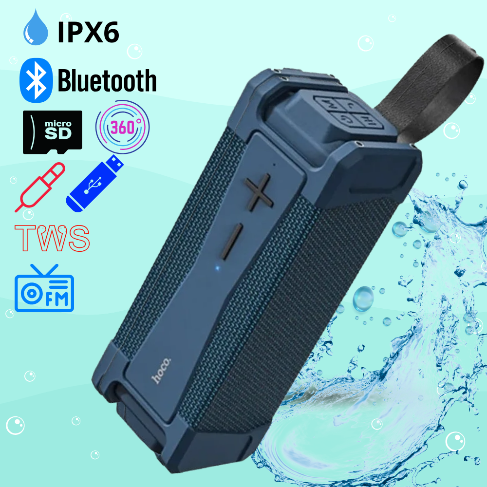 Гучна портативна колонка з об'ємним 3D звуком потужна Bluetooth колонка блютуз з USB SD і FM радіо синя Hoco