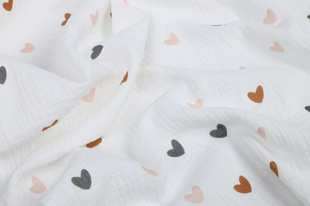 Муслін жатка Серця пудрові, карамельні, графітові 135 см