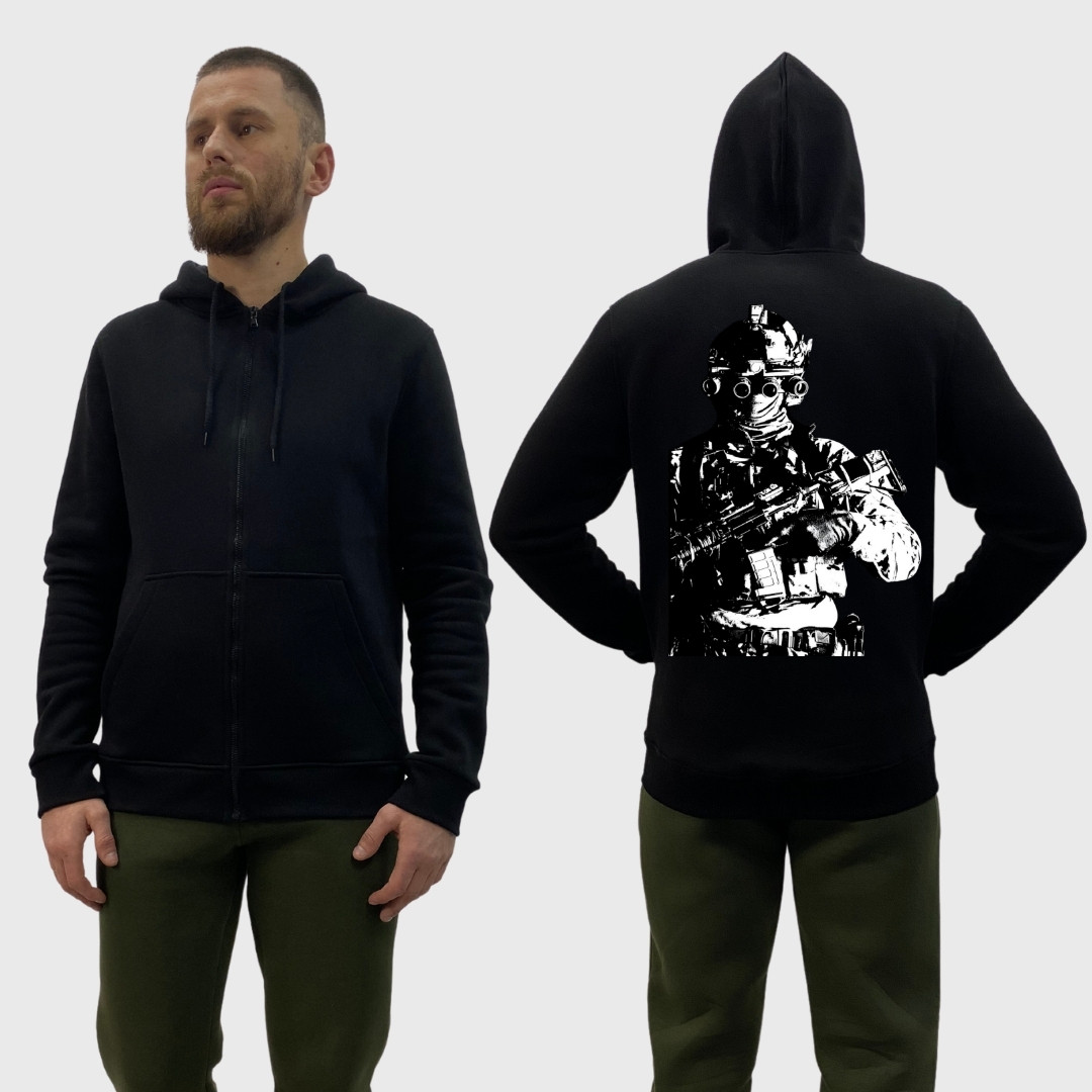 Чоловічий зіп-худі на флісі з принтом Військовий у тіні, Чорний