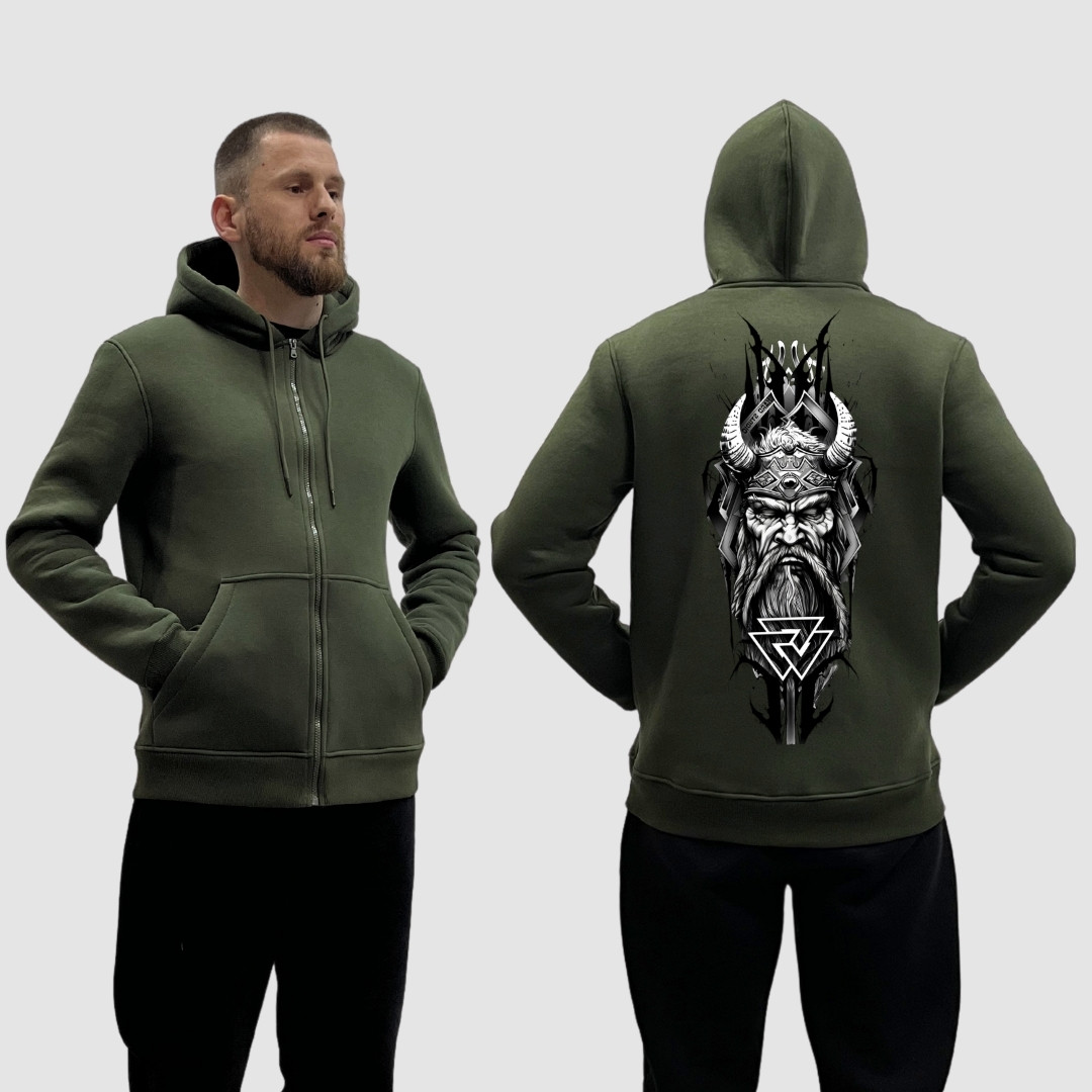 Чоловічий зіп-худі на флісі з принтом Вікінг довгий арт руни, Хакі