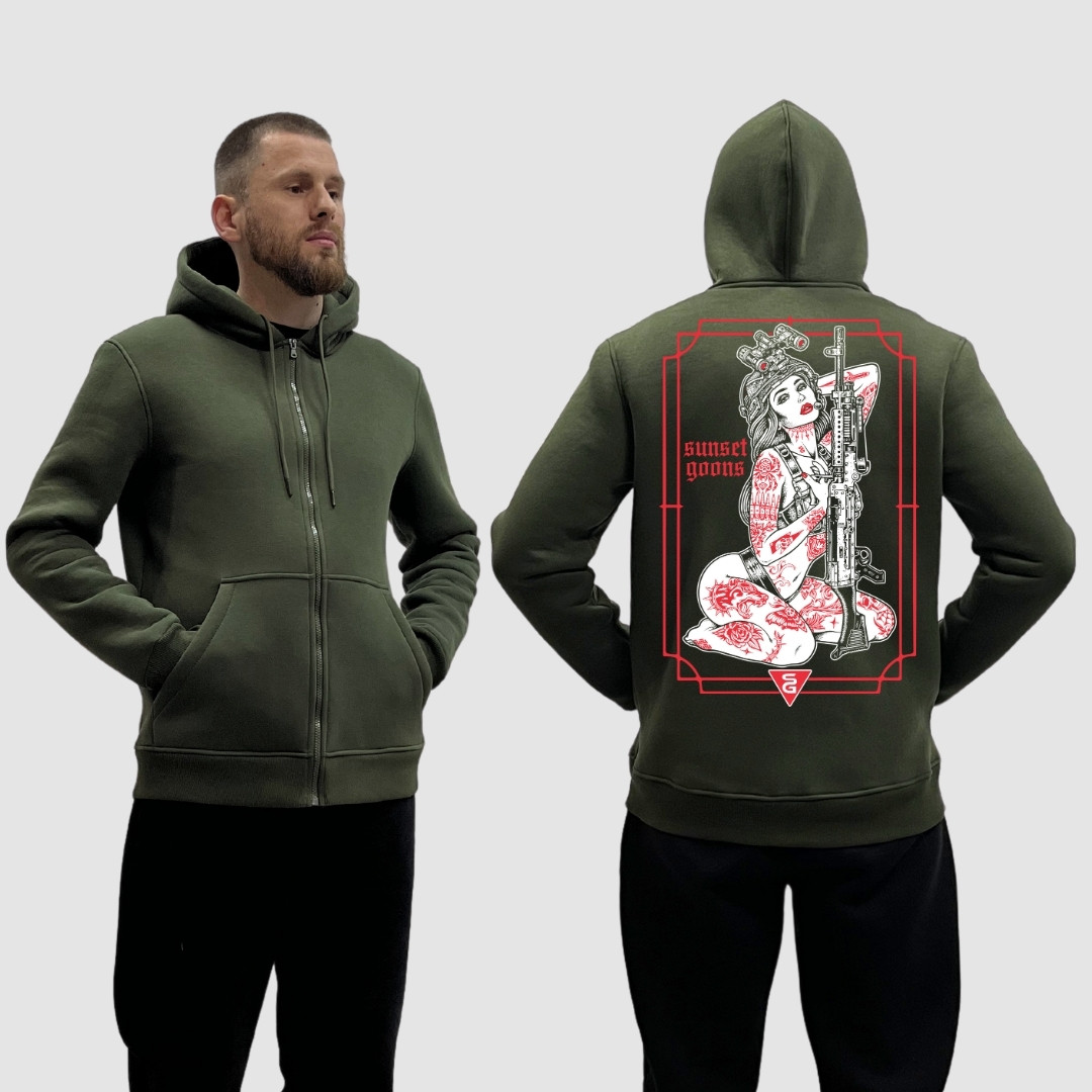 Чоловічий зіп-худі на флісі з принтом Дівчина з гвинтівкою та червоними тату Sunset Goons, Хакі