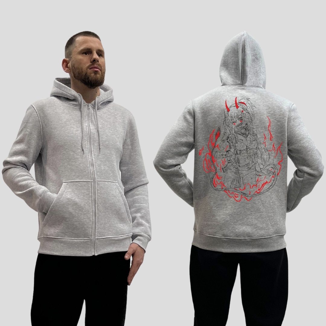 Чоловічий зіп-худі на флісі з принтом Демониця з автоматом в навушниках палає вогонь, Сірий