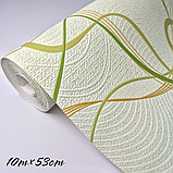 Шпалери вінілові 10.05 × 0.53 м 5767-04, бежеві з абстрактними зеленими лініями для кухні, коридору, вітальні, фото 6