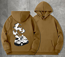 Чоловічий худі на флісі з принтом Горить машина поліції 2 версія , Койот