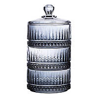 Конфетница трехуровневая стеклянная с крышкой Ø 10 см Серая HP-YH-76 санлайт