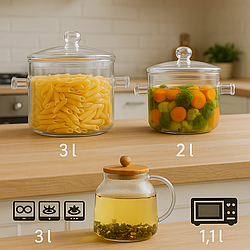 Набір скляних каструль із жароміцного боросилікатного скла 2 л та 3 л для плит та духовок