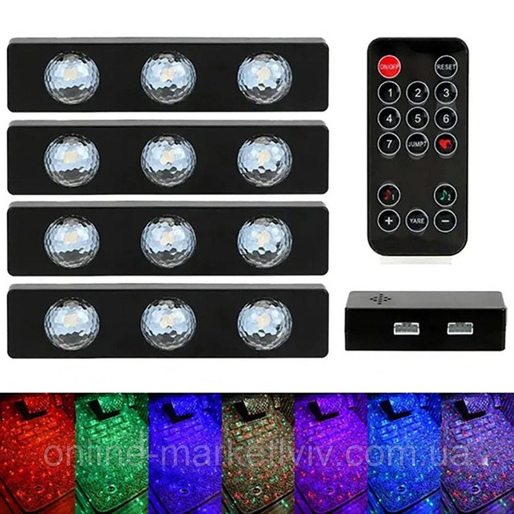 Автомобільне RGB led підсвічування для авто зі світломузикою + пульт / Світлодіодне підсвічування салону машини, фото 1