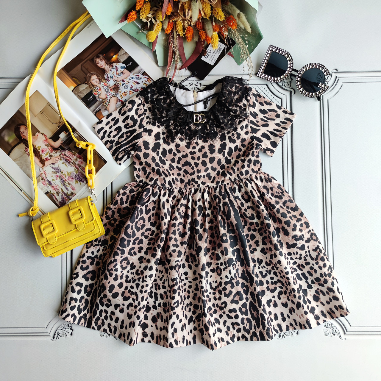 Дитяча святкова сукня  з коротким рукавом Дольче у принті леопард