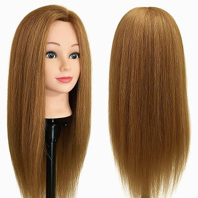 Учебная голова для причесок и стрижек манекен для парикмахера 50% натуральные волосы длина 65-70см рижее-золото
