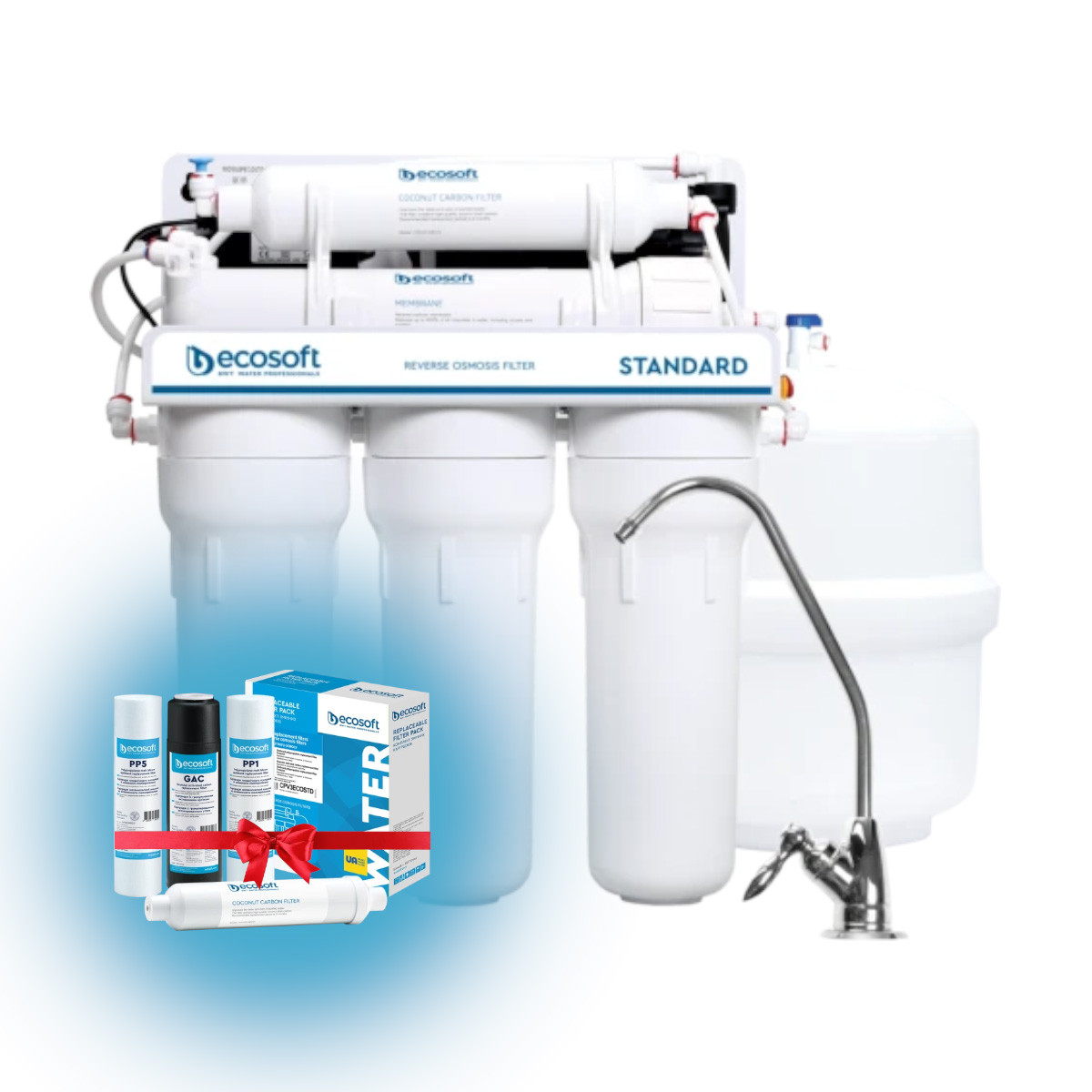 Система зворотного осмосу Ecosoft Standard з помпою MO550PECOSTD + 4 картриджів Ecosoft CPV4POST, фото 1