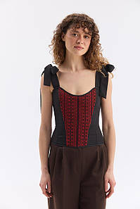 Орнаментований жіночий топ зі шнурівкою чорний