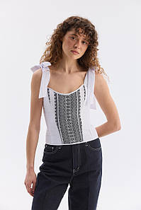 Орнаментований жіночий топ зі шнурівкою білий