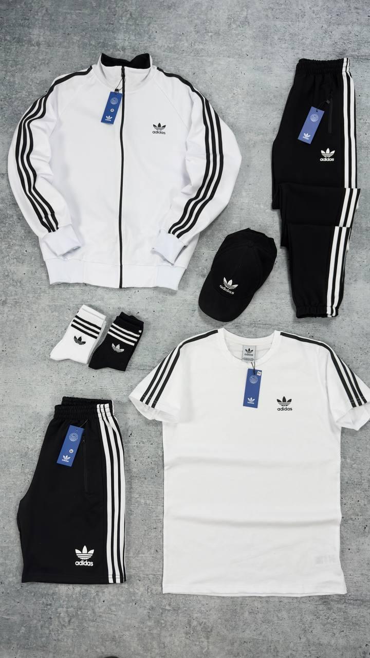 Чоловічий костюм Adidas 5в1 Кофта на змійці + Штани + Шорти + Футболка + Кепка + Шкарпетки білий Адідас весняний